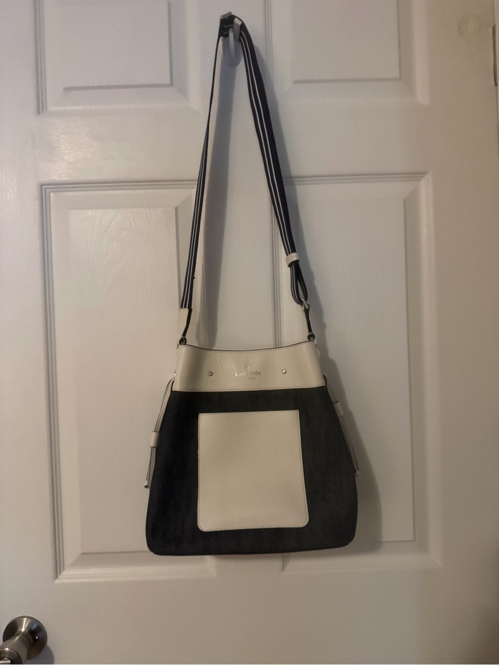kate spade Two-Tone Blue Jean and White Shoulder Bag with Striped Strap